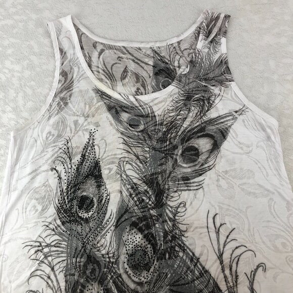 Forever 21 White and Gray Sleeveless Tank Top with Peacock Graphics and Sequins - Picture 3 of 12